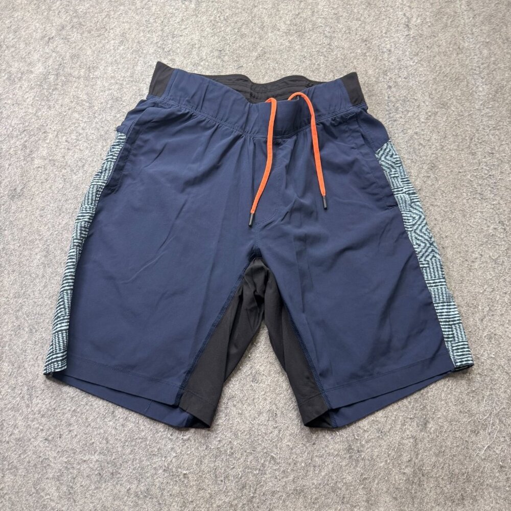Lululemon T.H.E. Shorts Men M Blue Geometric Side Panels 9.5" Stretch Liner